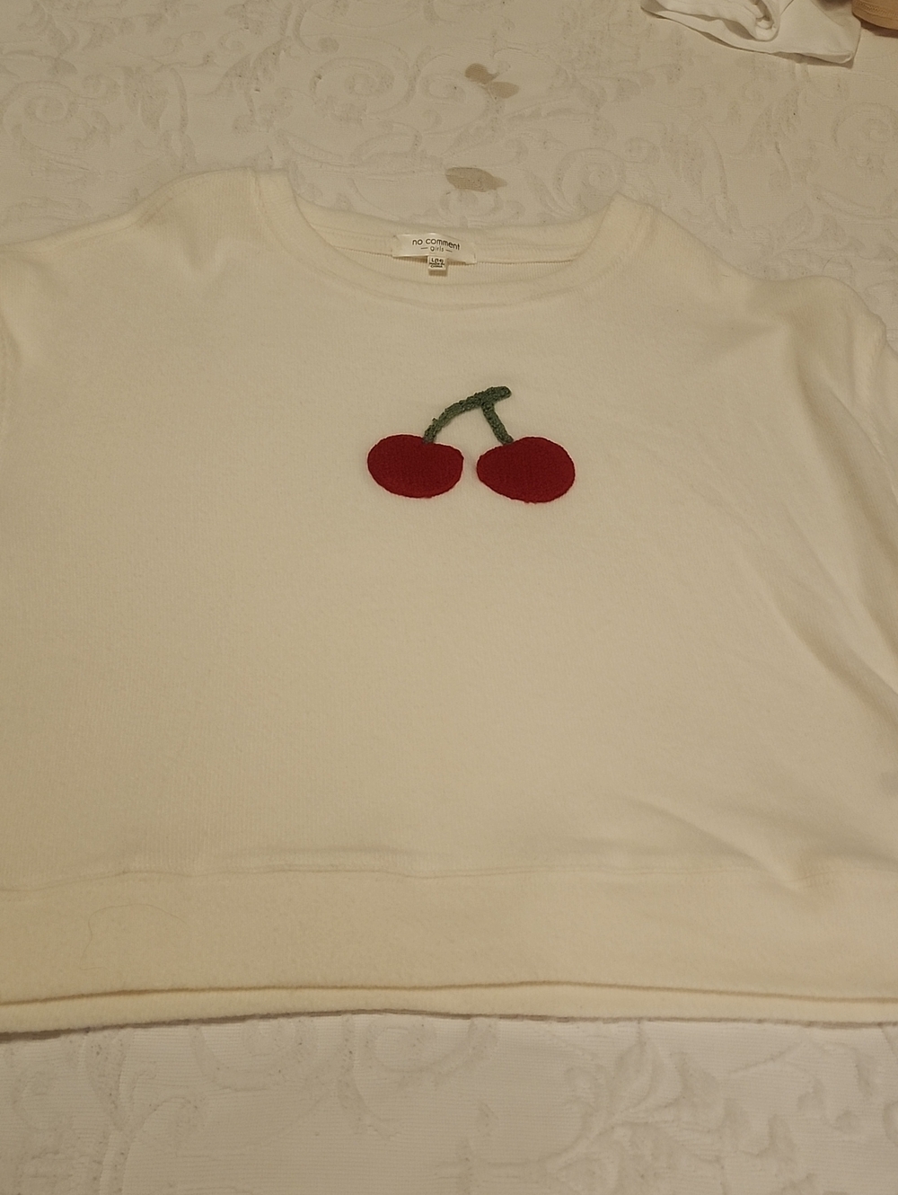 No Comment White Crewneck Sweater with Cherry Embroidery